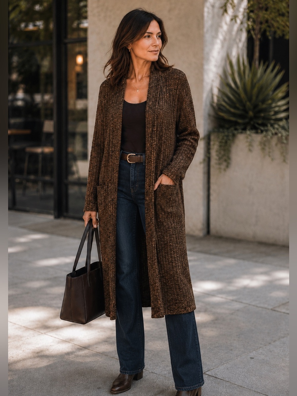 Lisa Rinna Collection Textured Knit Duster Cardigan Warm Brown Size S